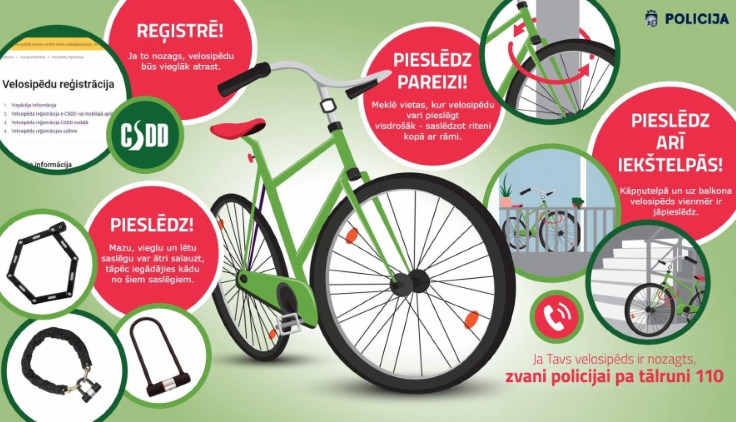 Pēdējā gada laikā ievērojami audzis velosipēdu zādzību skaits; parūpējies par sava velosipēda drošību!